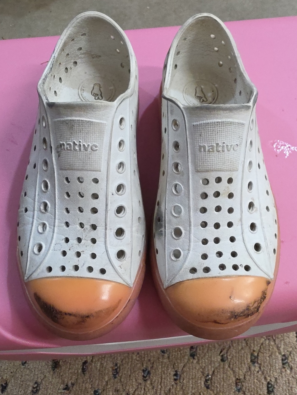 Native Women's White Perforated Slip-On Shoes with Orange Toe Caps